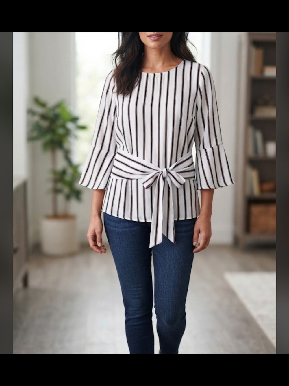 Worthington White Striped Tie-Waist Bell Sleeve Blouse